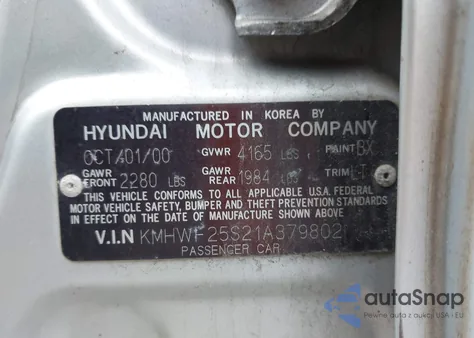 2001 Hyundai Sonata z USA, uszkodzony, nr VIN KMHWF25S21A379802